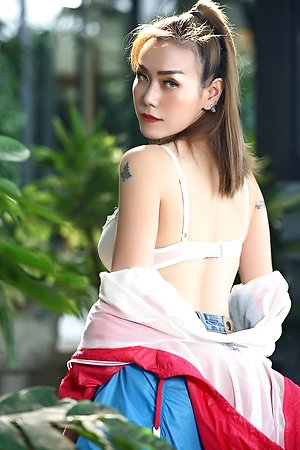 big tits, bra, hot, jeans shorts, long hair, outdoor, redhead, shaved pussy, solo girl, tattoo, yuri, 